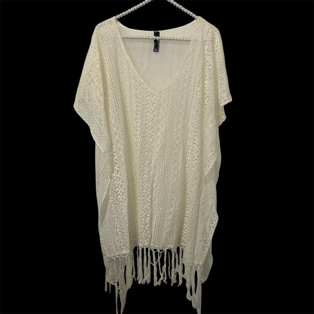 Express Kimono Poncho Lace Cover-Up Fringe Cream Womens OS Coastal Beach Boho